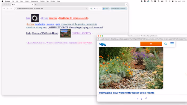 Screenshot of two windows, showing the UI of the Poetic Network Faculties project