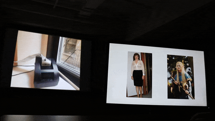 Gif of two screens, one with two images and another with a recipt printer printing whichever image is clicked