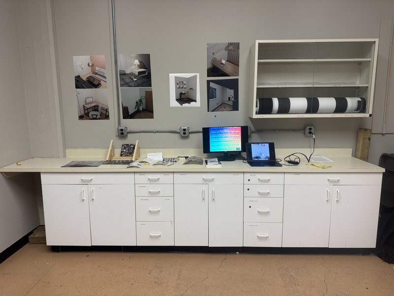 printed out 3D renders of AirSpace spaces in a basement cabinet area