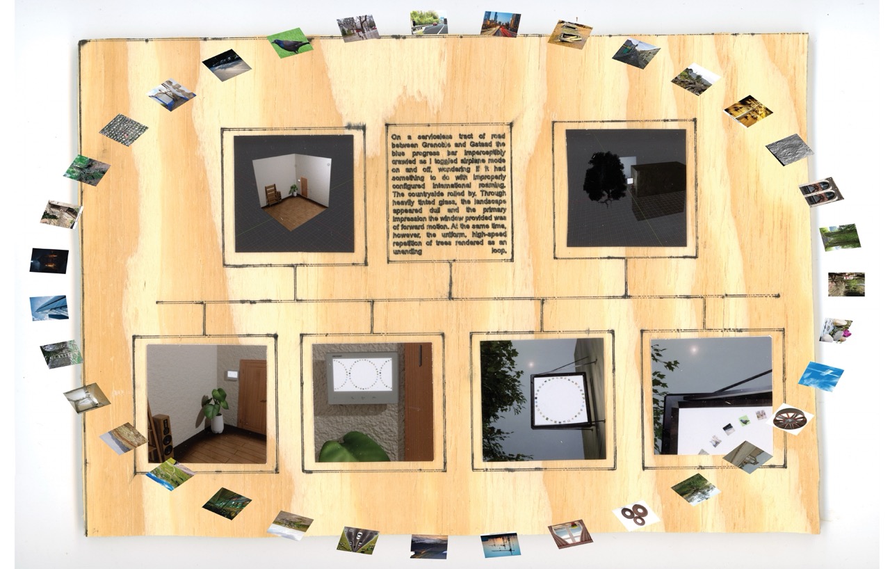Scan of a plywood with a pen plotter graph and writing and AI training set images overlaid